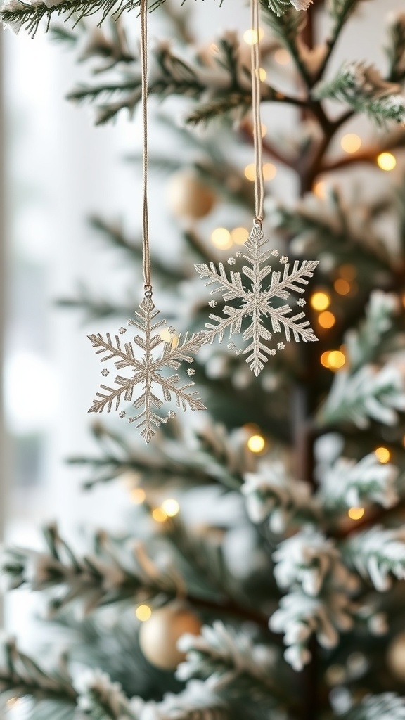 Two snowflake ornaments hanging from a decorated tree with warm lights.
