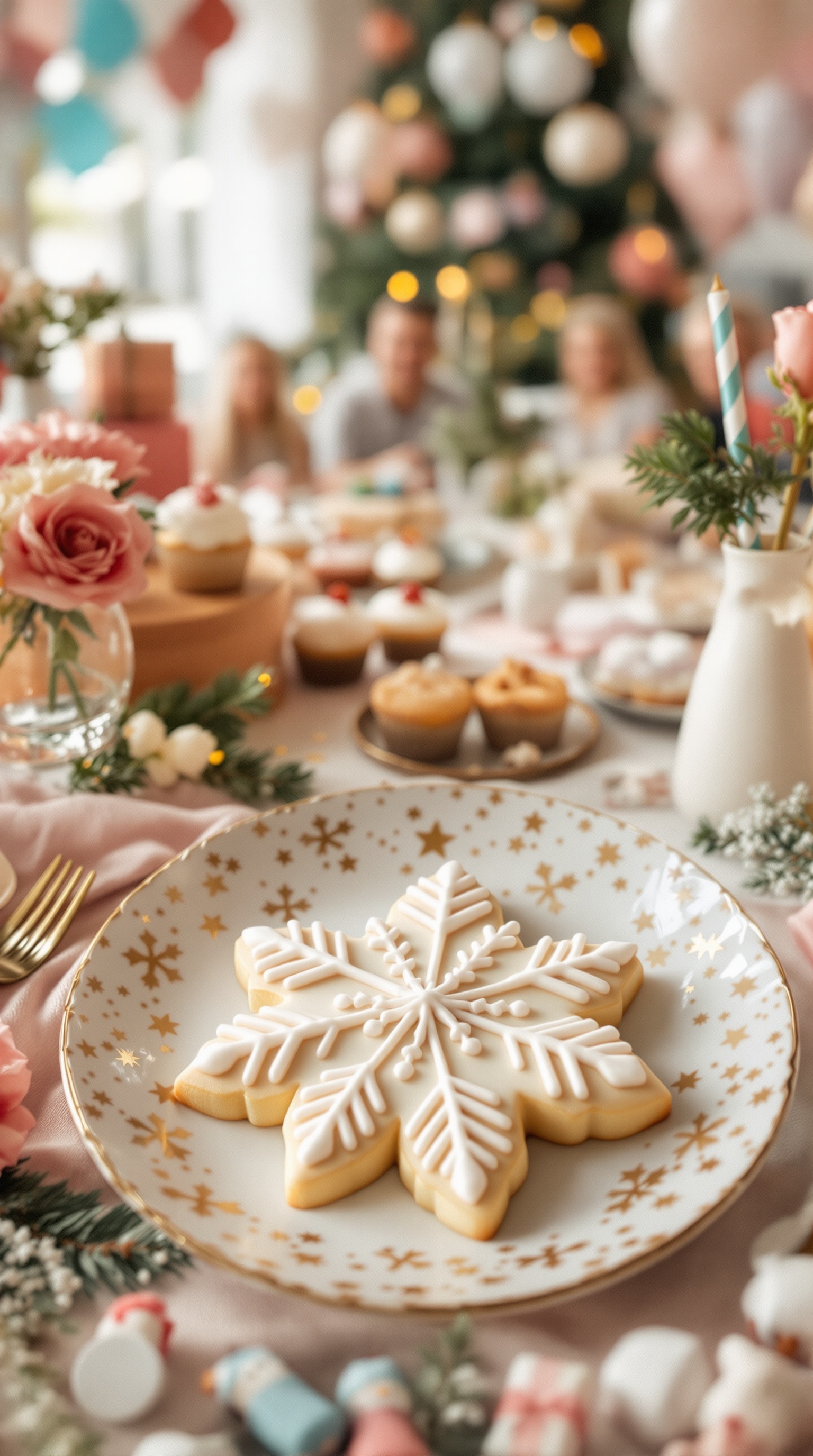 A beautifully decorated snowflake sugar cookie on a festive table with other desserts and decorations.