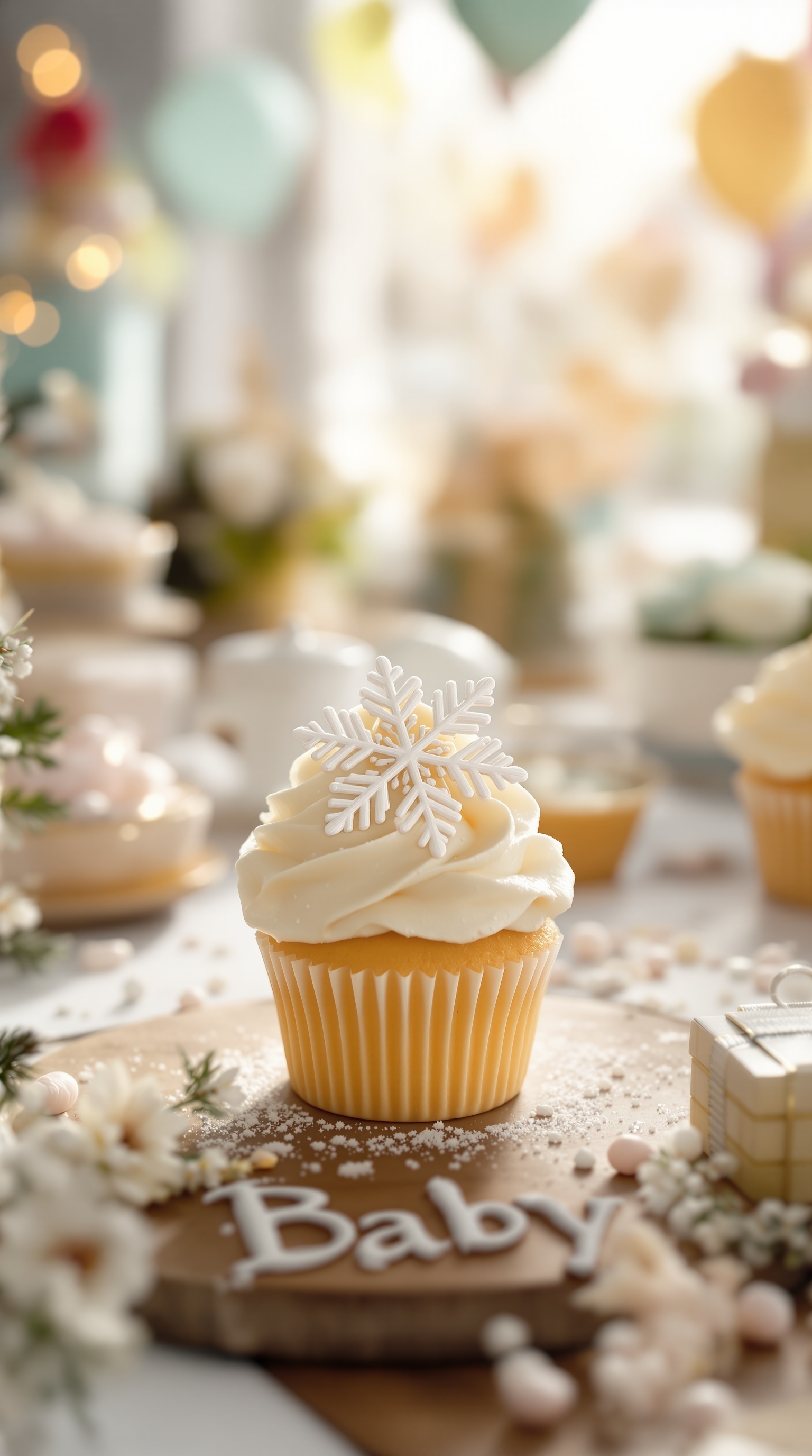 A beautifully decorated vanilla cupcake with a snowflake on top, surrounded by festive decorations for a winter baby shower.