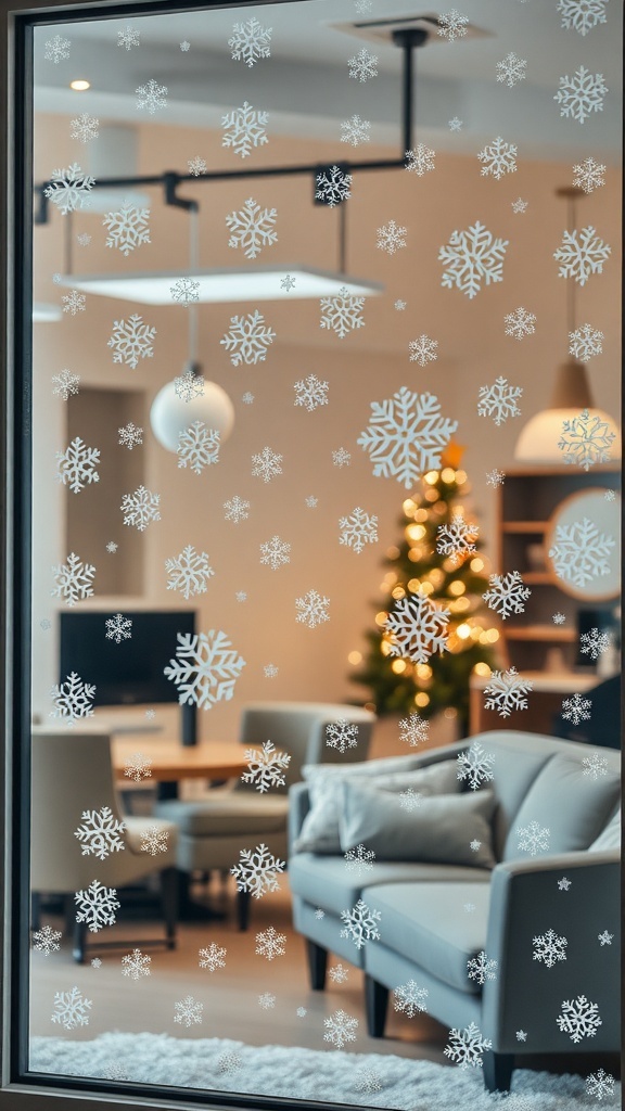 A window decorated with white snowflake clings, showing a cozy office space with a Christmas tree in the background.