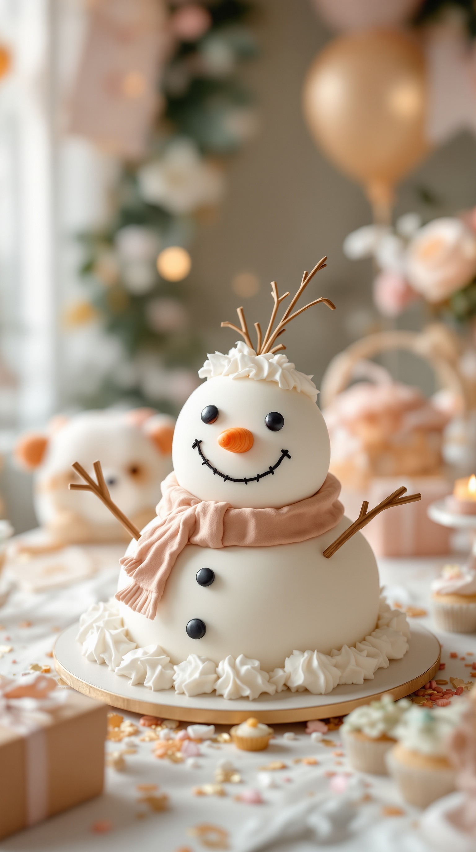 A beautifully decorated snowman cake with a scarf, buttons, and a smiling face, set against a festive background.