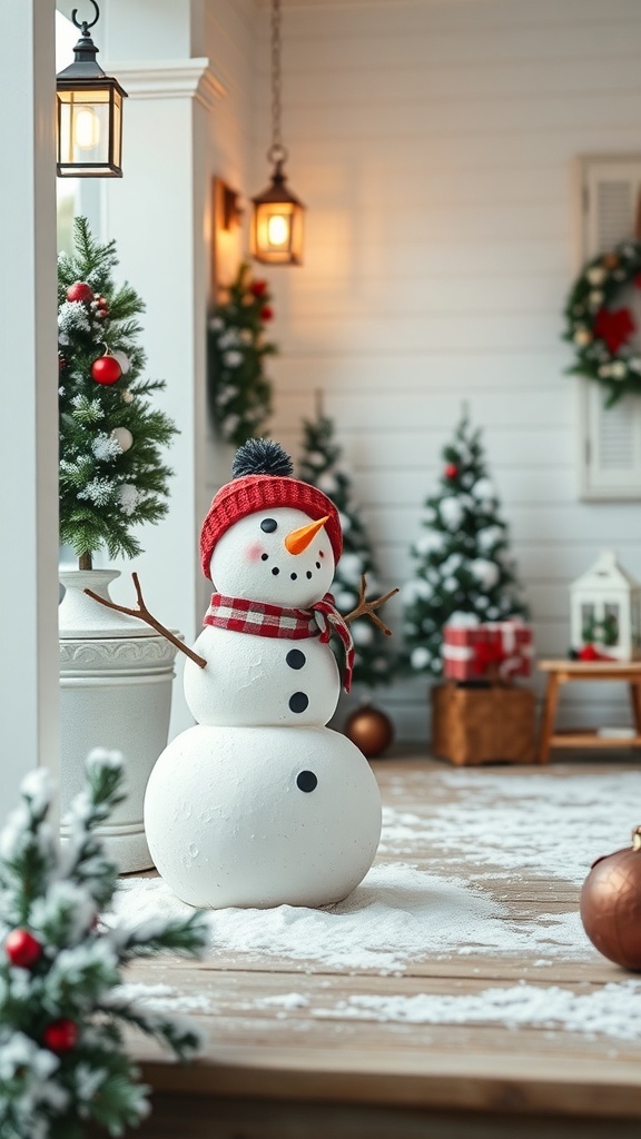 A cheerful snowman wearing a red scarf and hat, surrounded by evergreen trees and festive decorations on a winter porch.