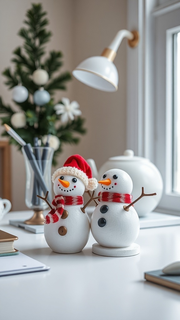 Two snowman desk accessories with a small Christmas tree in the background