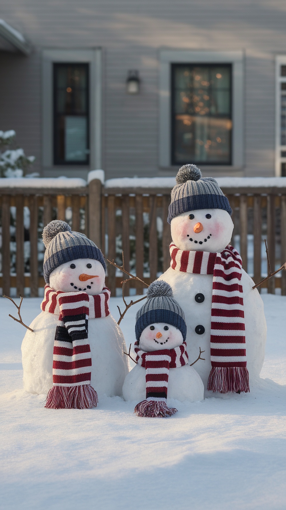 A cheerful snowman family display with three snowmen wearing striped scarves and knitted hats in a snowy yard.