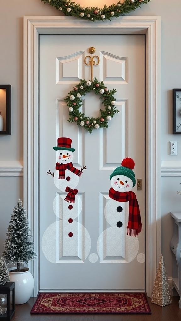A decorated door featuring a snowman family with a wreath above and a welcome mat.