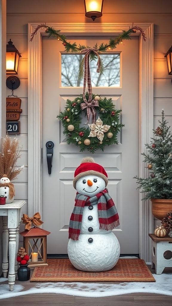 A whimsical snowman figurine in front of a decorated door with a wreath and festive lights.