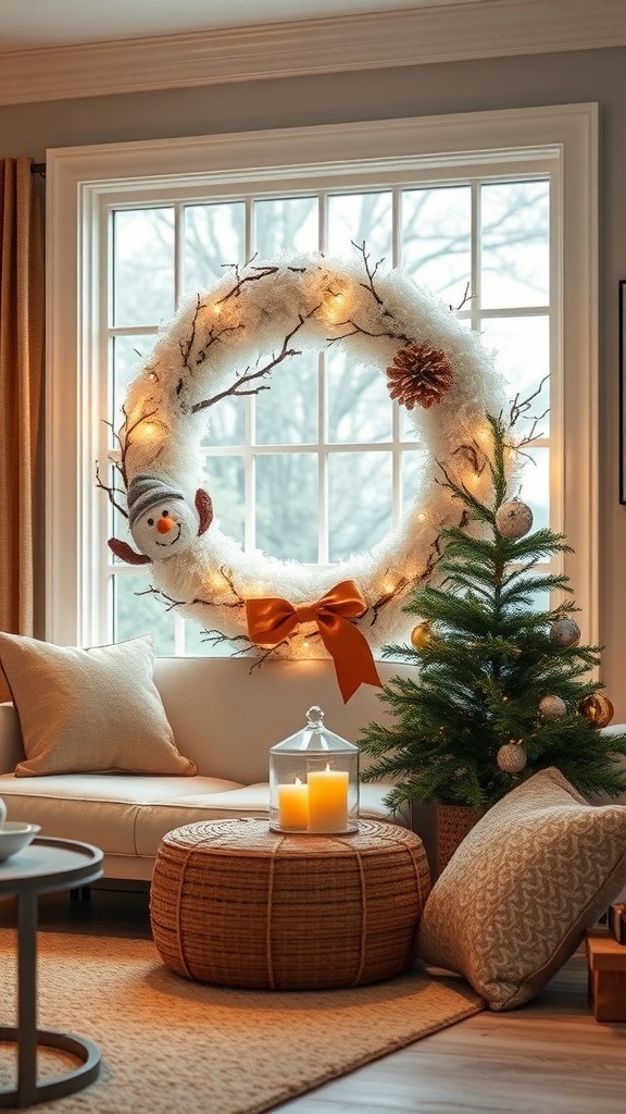 A cozy living room featuring a snowman wreath with lights, a small Christmas tree, and warm decor.