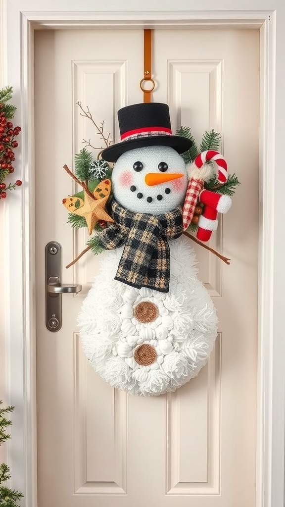A cheerful snowman wreath with a black top hat, plaid scarf, and festive decorations.
