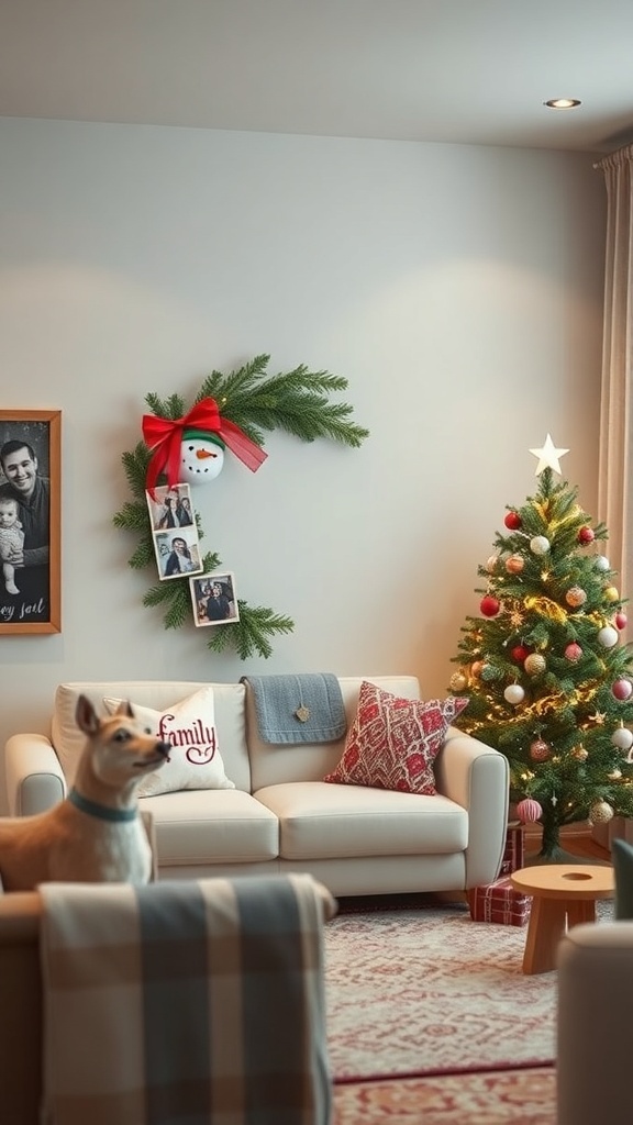 A cozy living room with a snowman wreath, family photos, and a Christmas tree.