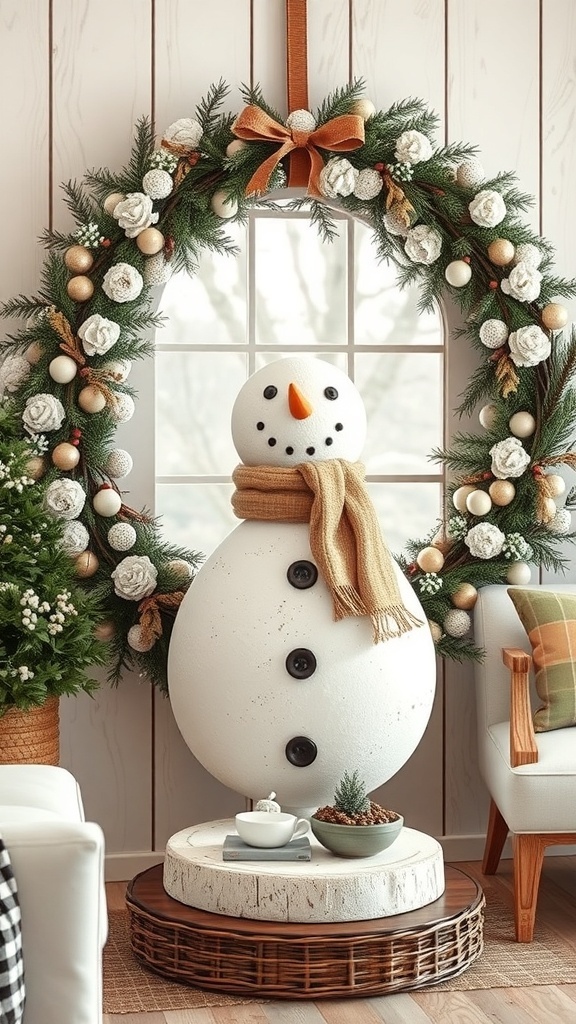 A snowman wreath featuring a snowman in the center, surrounded by a lush wreath with white flowers and golden ornaments, set in a cozy farmhouse-style room.