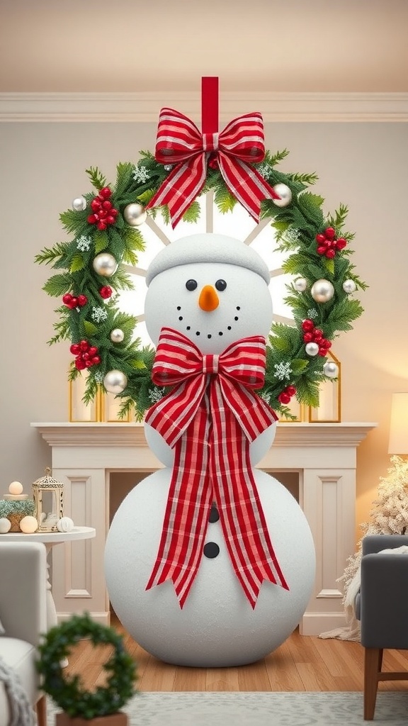 A snowman wreath featuring a snowman with a festive red and white striped bow, surrounded by greenery and ornaments.