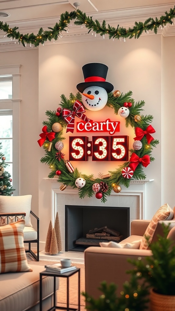 A festive snowman wreath with a holiday countdown, featuring a cheerful snowman, red bows, and colorful ornaments.