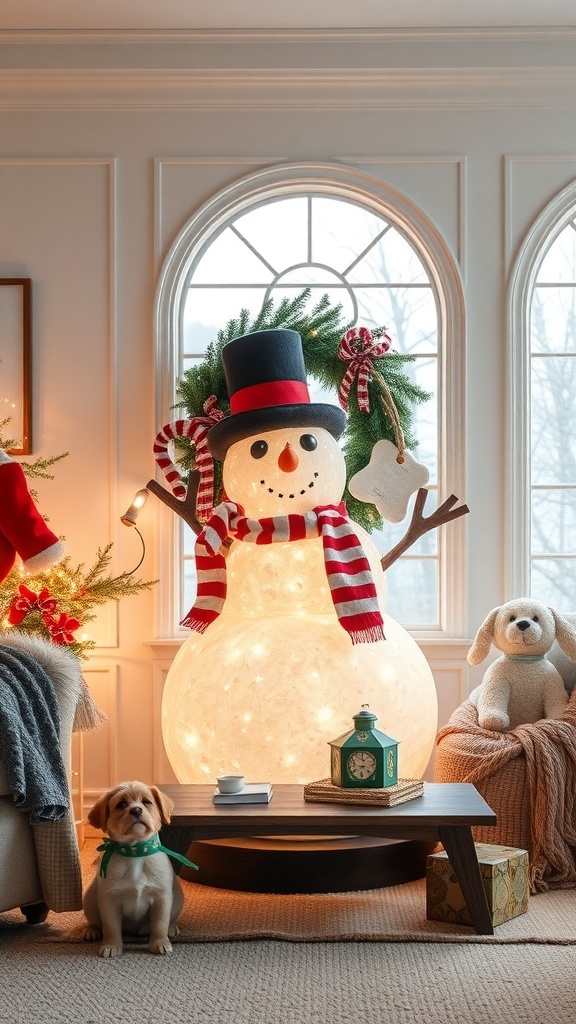 A cheerful snowman with a red scarf and black hat, surrounded by a cozy living room setting with a puppy and festive decorations.