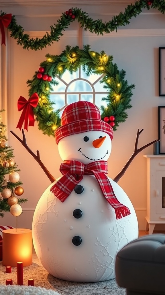 A cheerful snowman with a red plaid hat and scarf, surrounded by a green wreath with lights and red berries.