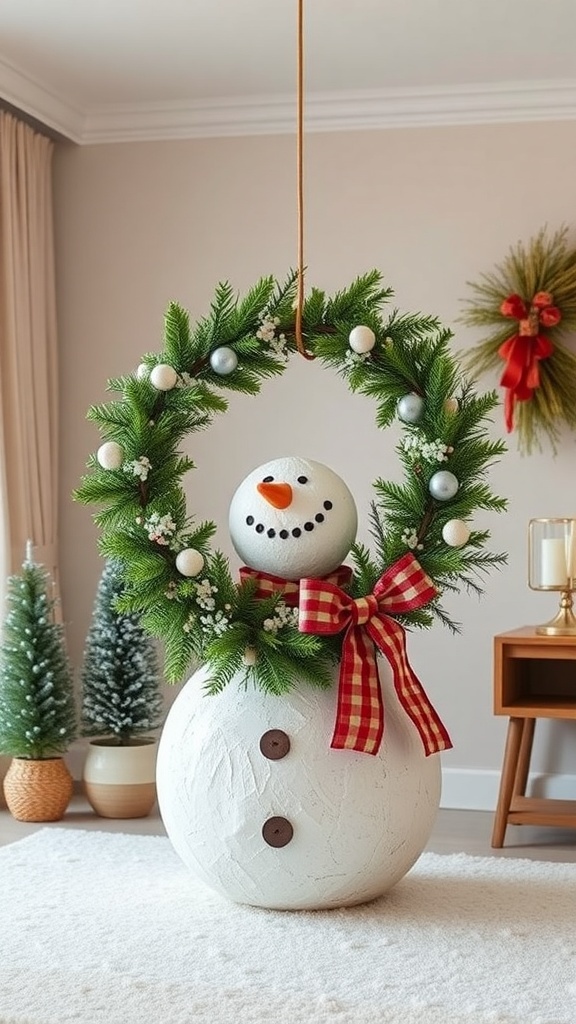 A snowman wreath made from recycled materials, featuring a cheerful snowman with a green wreath, red bow, and festive ornaments.