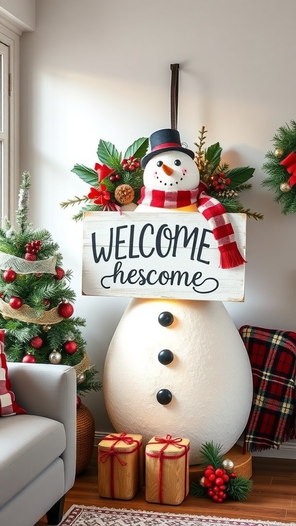 A snowman wreath featuring a snowman with a top hat and scarf, holding a sign that says 'WELCOME.' The wreath is decorated with greenery, red berries, and ornaments.