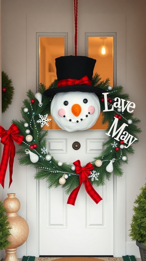 A festive snowman wreath featuring a snowman with a top hat, red bows, and ornaments, hanging on a door.