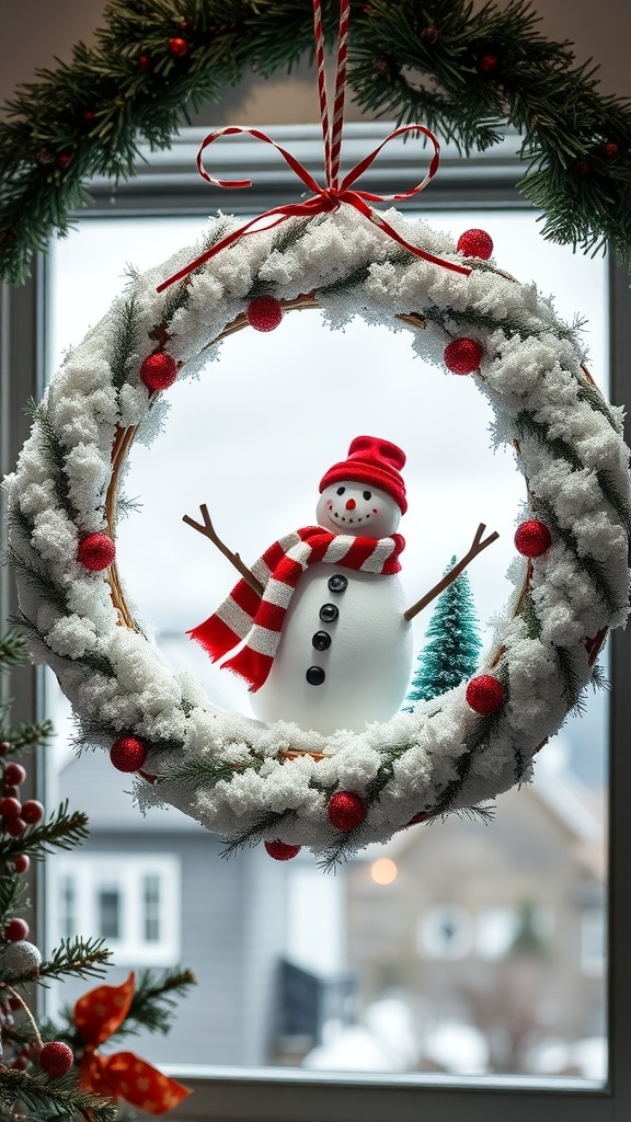 A festive snowman wreath featuring a snowman in a red hat and striped scarf, surrounded by fluffy snow and red ornaments.