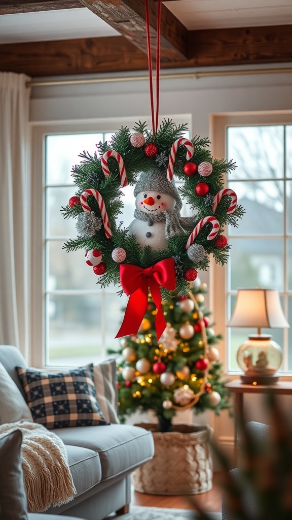 A snowman wreath with candy canes hanging in a cozy living room with a Christmas tree.