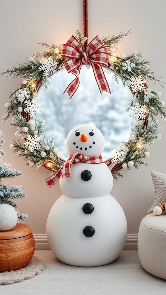 A snowman wreath featuring a snowman in the center, surrounded by a green wreath decorated with snowflakes and a red and white checkered bow.