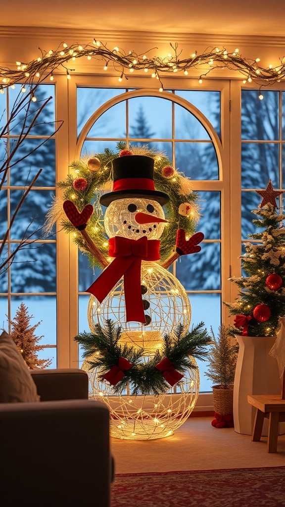 A snowman wreath with twinkling lights, featuring a cheerful snowman with a top hat and red scarf, surrounded by greenery and ornaments.