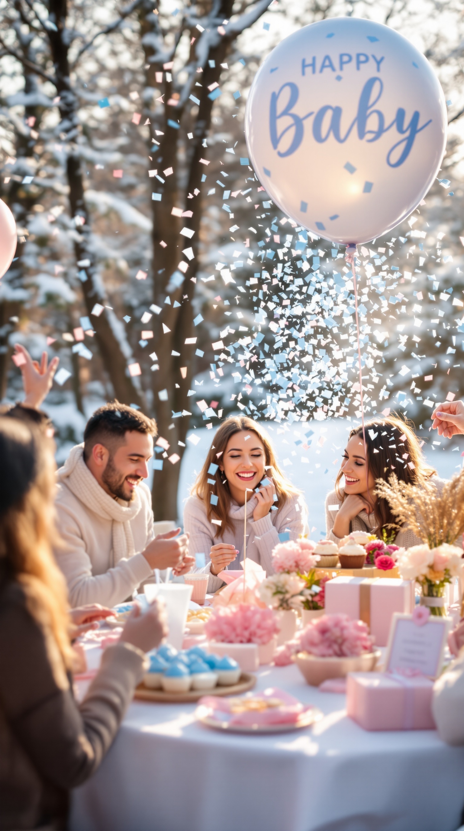 A winter gender reveal party with friends celebrating around a table, a balloon saying 'Happy Baby,' and colorful confetti in the air.