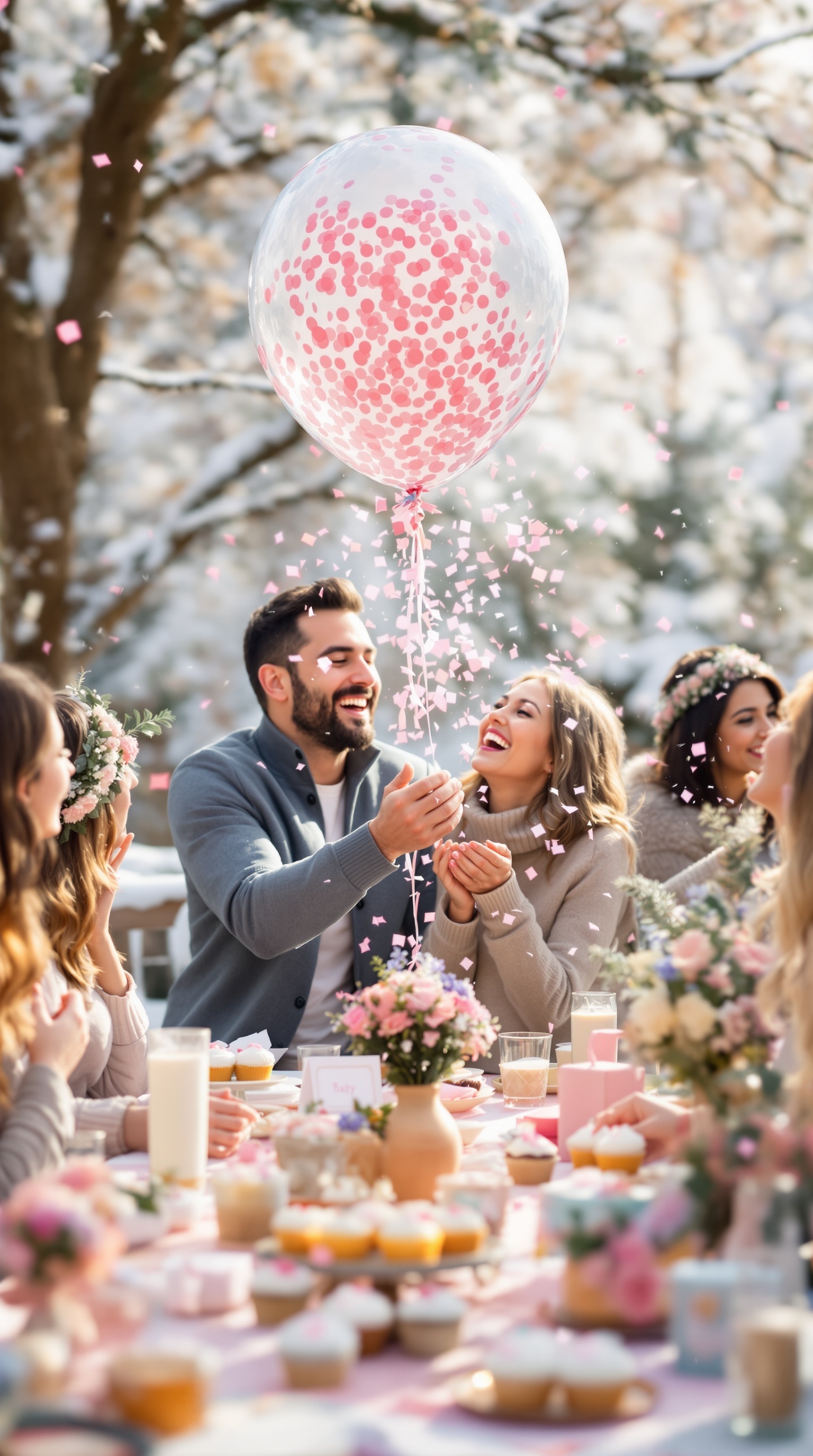 A joyful winter gender reveal scene with a couple popping a balloon filled with pink confetti surrounded by friends.
