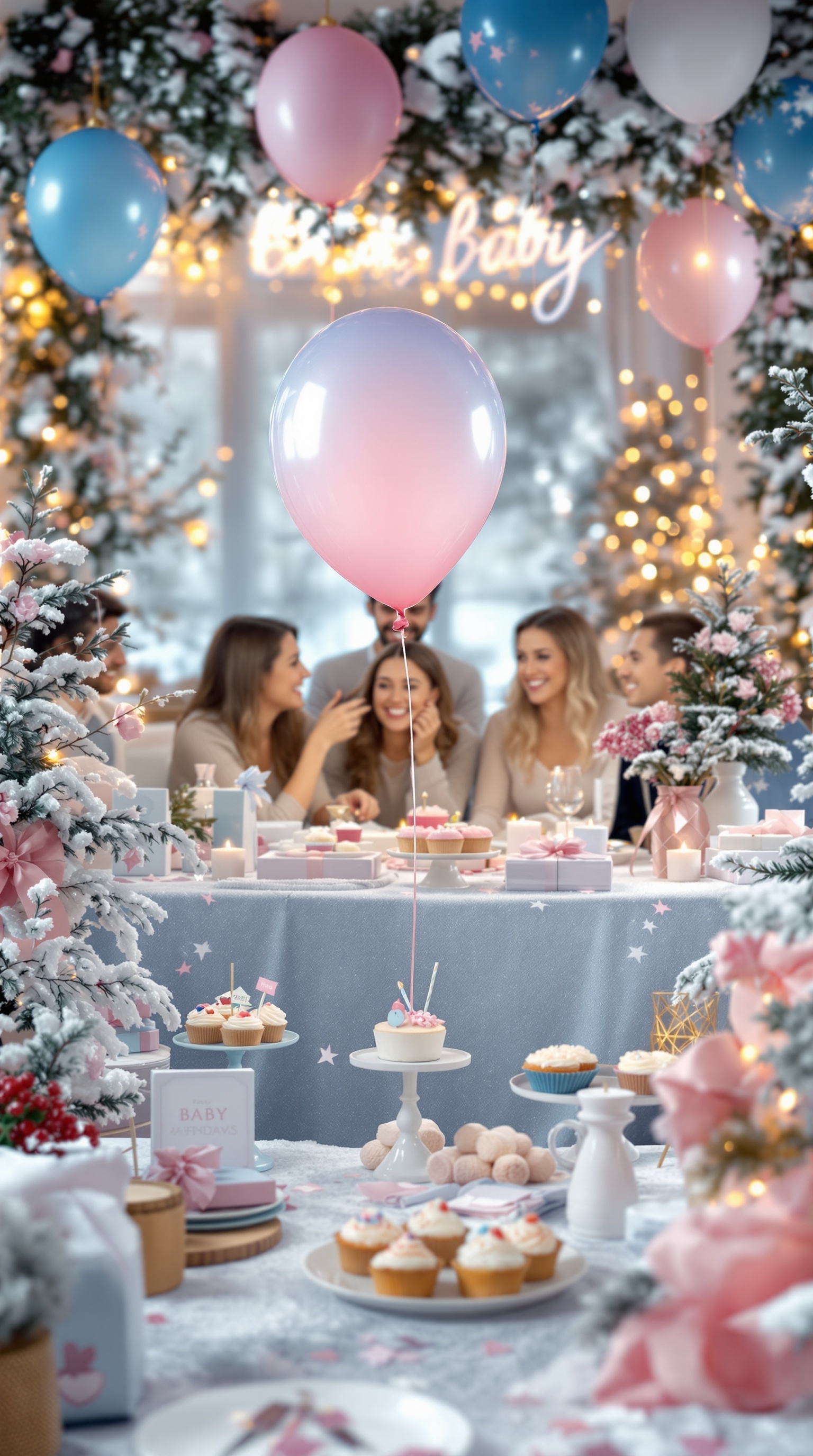 A festive Christmas gender reveal party with blue and pink balloons, decorated table, and friends celebrating.