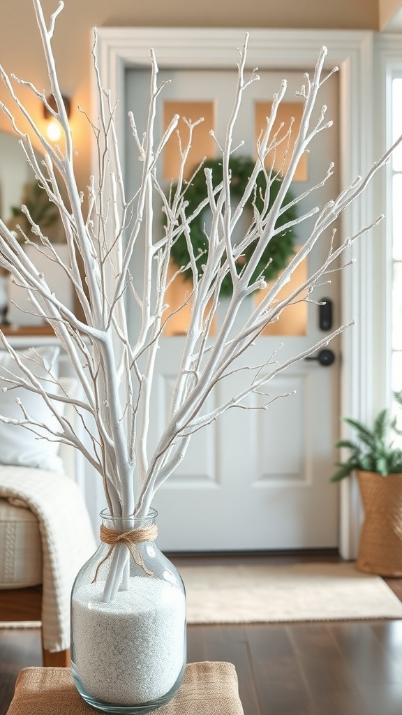 A tall glass vase filled with white sand and snowy branches, placed near a front door with a green wreath.