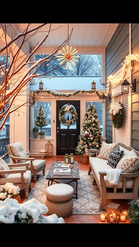 Cozy winter porch with decorations, including wreaths, lights, and a small tree.