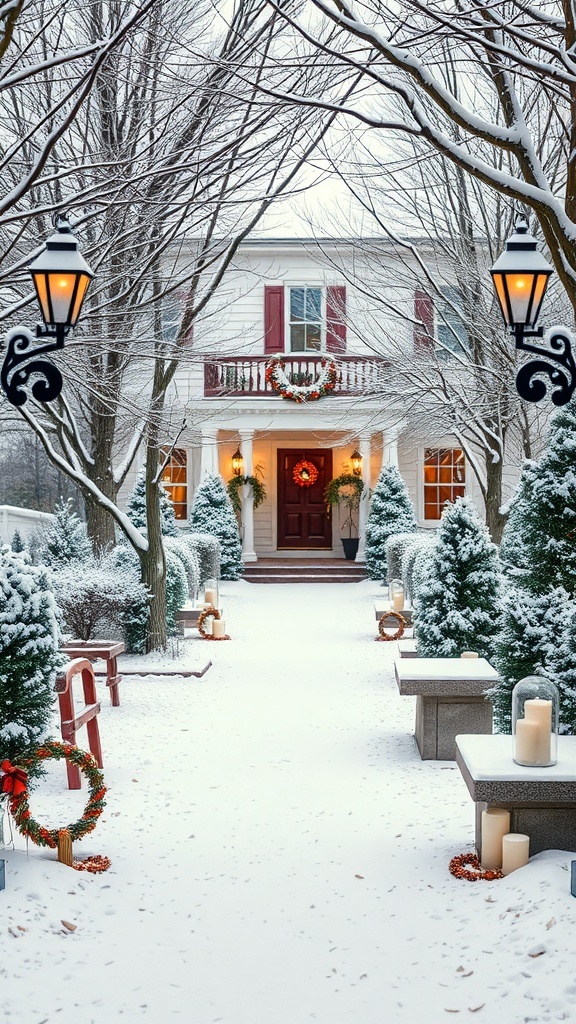A snowy pathway leading to a beautifully decorated house with wreaths and lanterns.