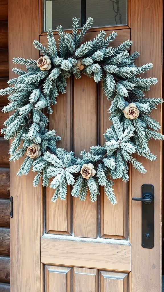A snowy pine and cedar wreath with pine cones hanging on a wooden door.