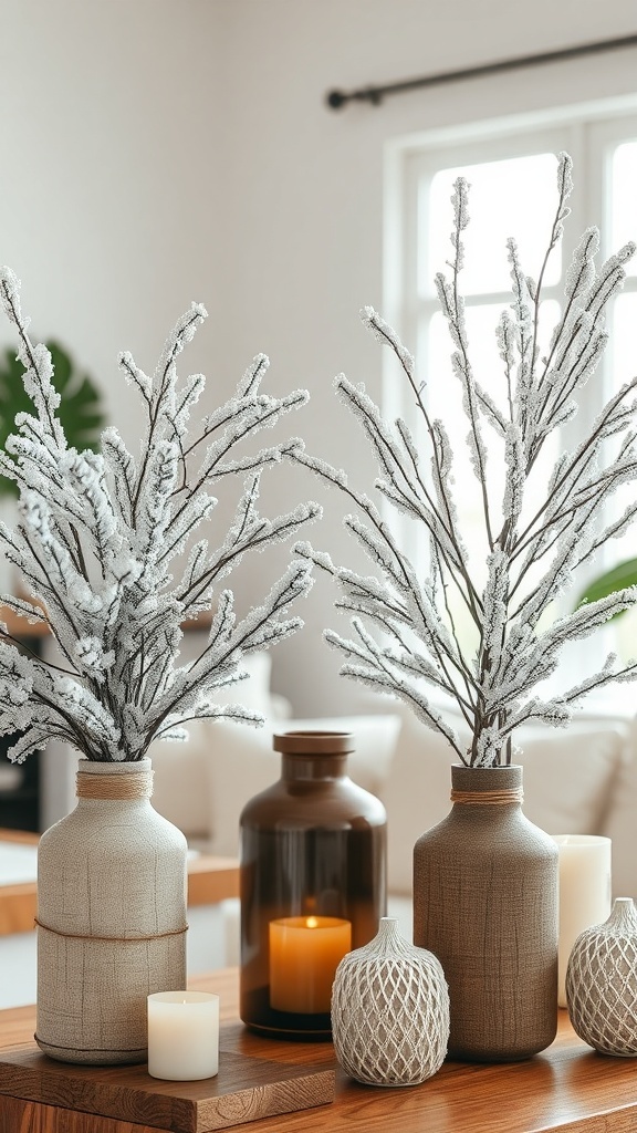 Snowy pine branch arrangements in vases with candles