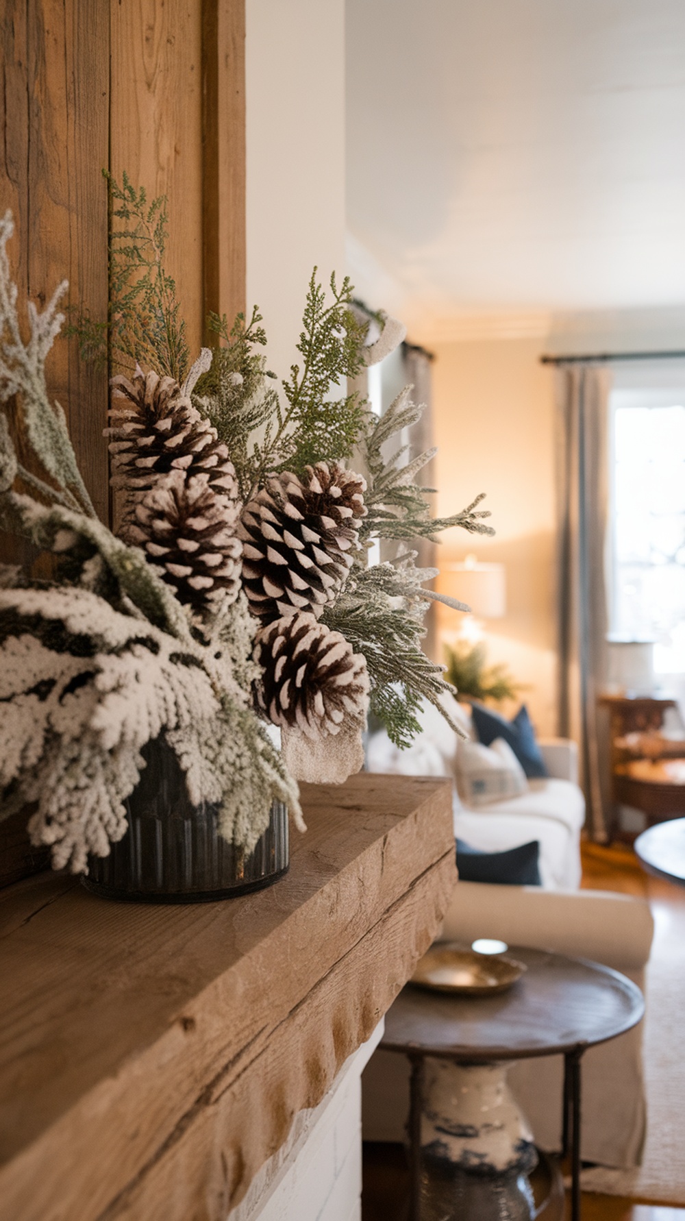 A cozy snowy pinecone arrangement on a wooden mantel, showcasing pinecones and greenery.