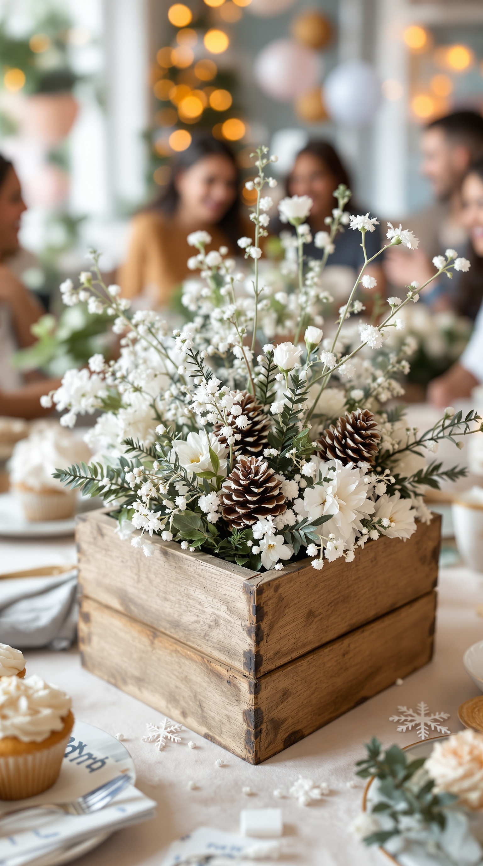 A beautiful centerpiece featuring pinecones and white flowers in a wooden box, set on a table with cupcakes and festive decorations.
