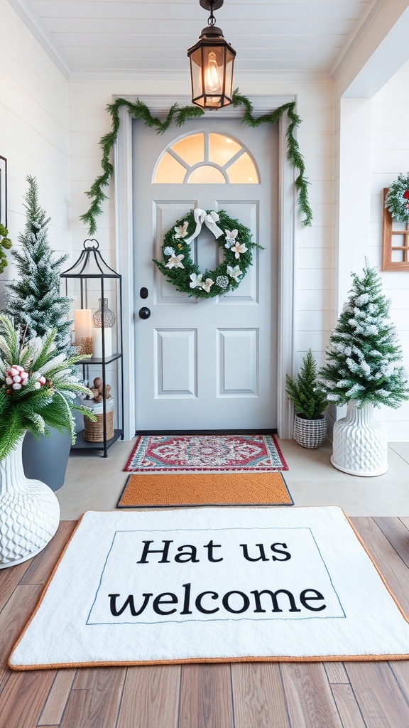 A winter-themed welcome mat with a playful message in front of a decorated door, surrounded by festive greenery.