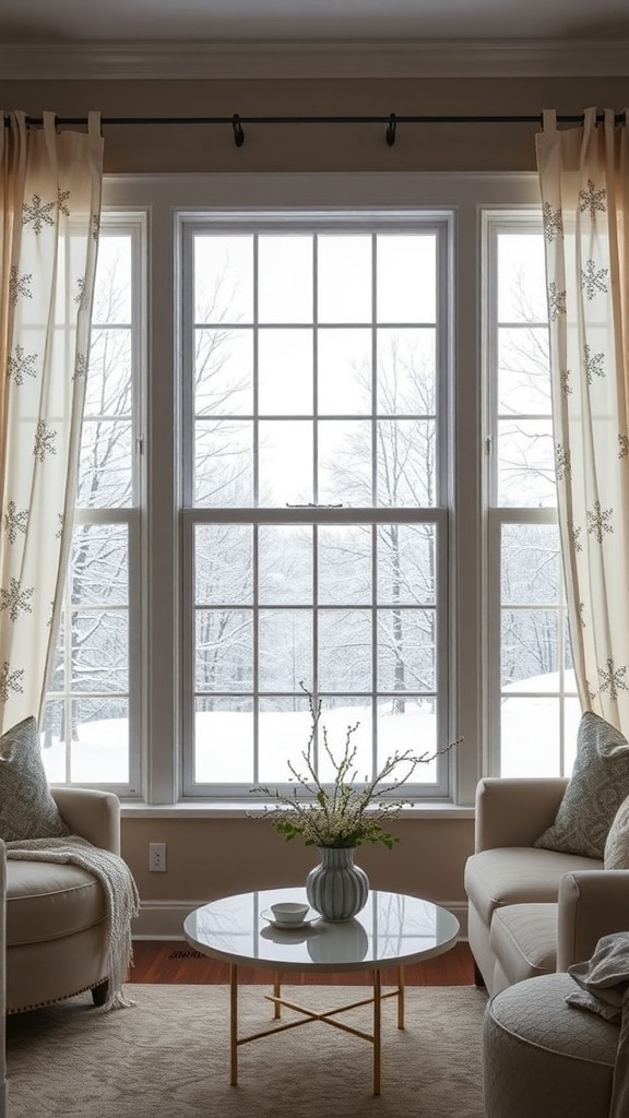 Cozy bedroom with large windows dressed in sheer snowflake-patterned curtains, overlooking a snowy landscape.