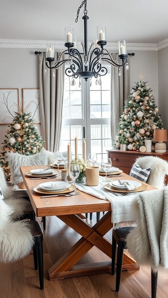 A cozy dining table decorated for Christmas with faux fur accents, wooden table, and festive decorations.