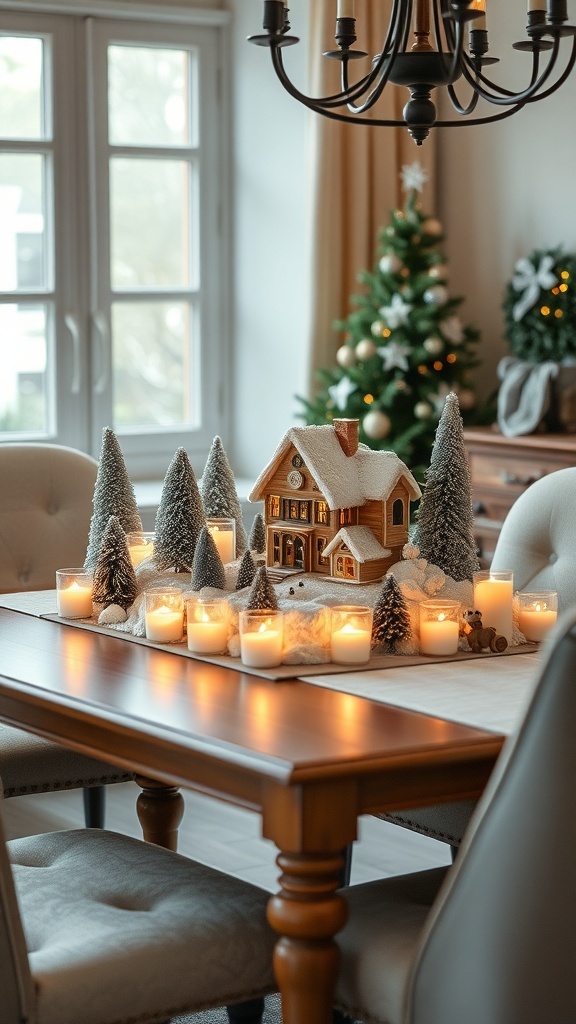 A dining table decorated with a snowy village centerpiece, featuring a wooden house, evergreen trees, and candles.