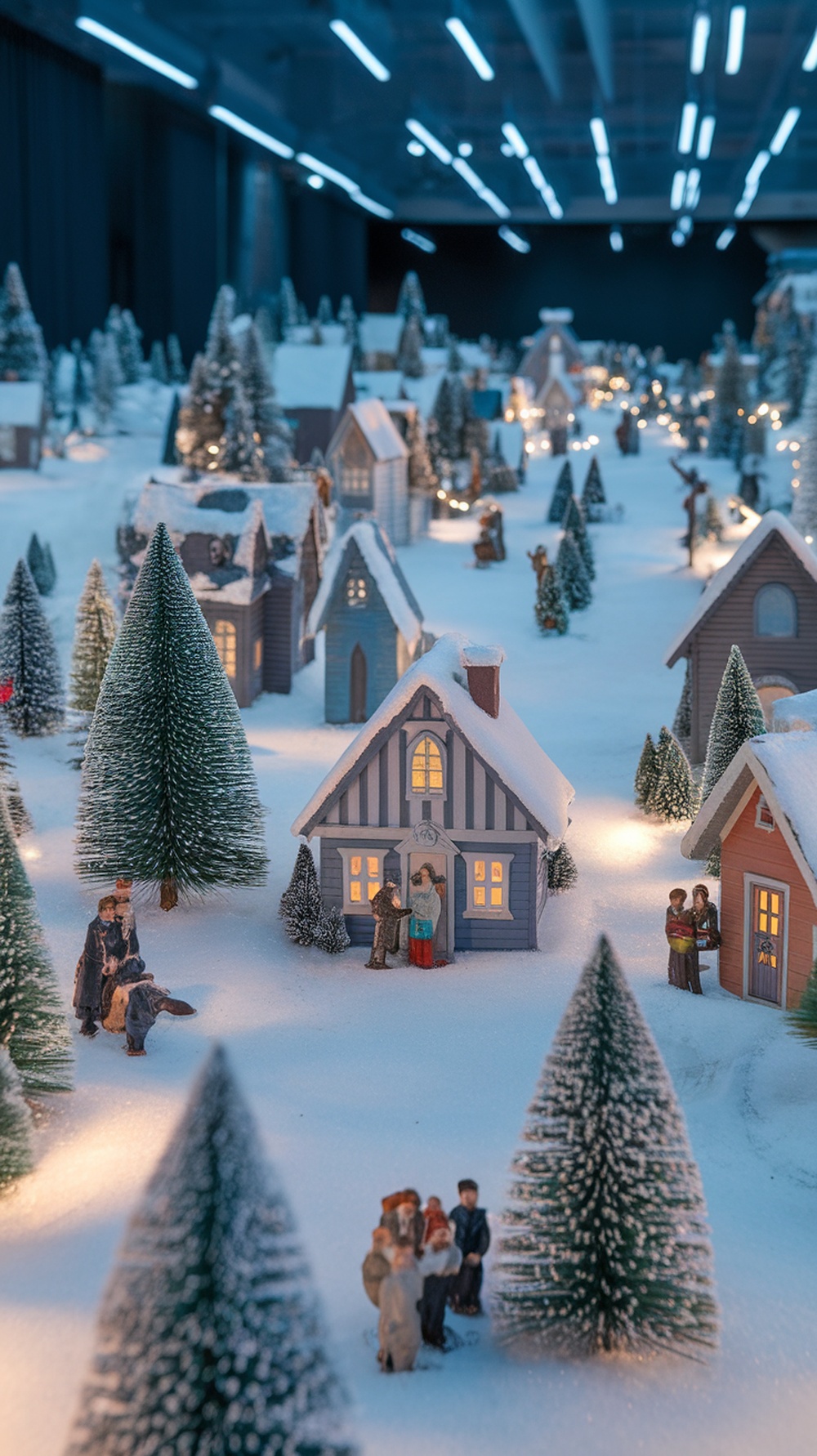 A detailed snowy village display with miniature houses, trees, and figures, illuminated with soft lights.