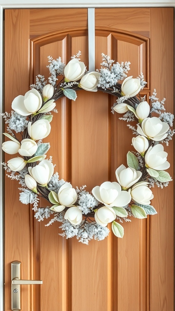 A snowy white magnolia wreath hanging on a wooden door.