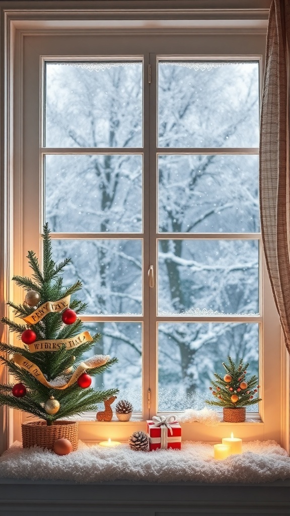 A cozy window display with Christmas trees, candles, and a snowy view outside.