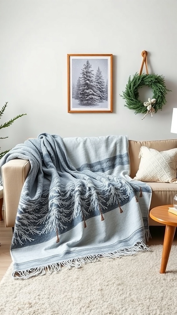 A snowy winter scene throw blanket draped over a couch, with a framed picture of snowy trees and a wreath on the wall.