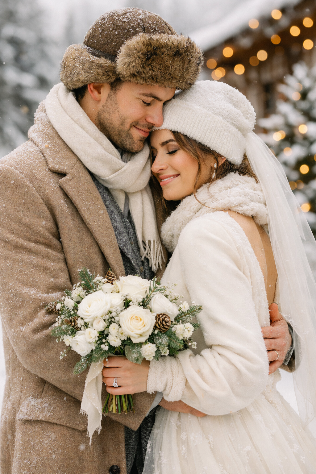 Winter engagement photo of a couple in the snow with a bouquet.