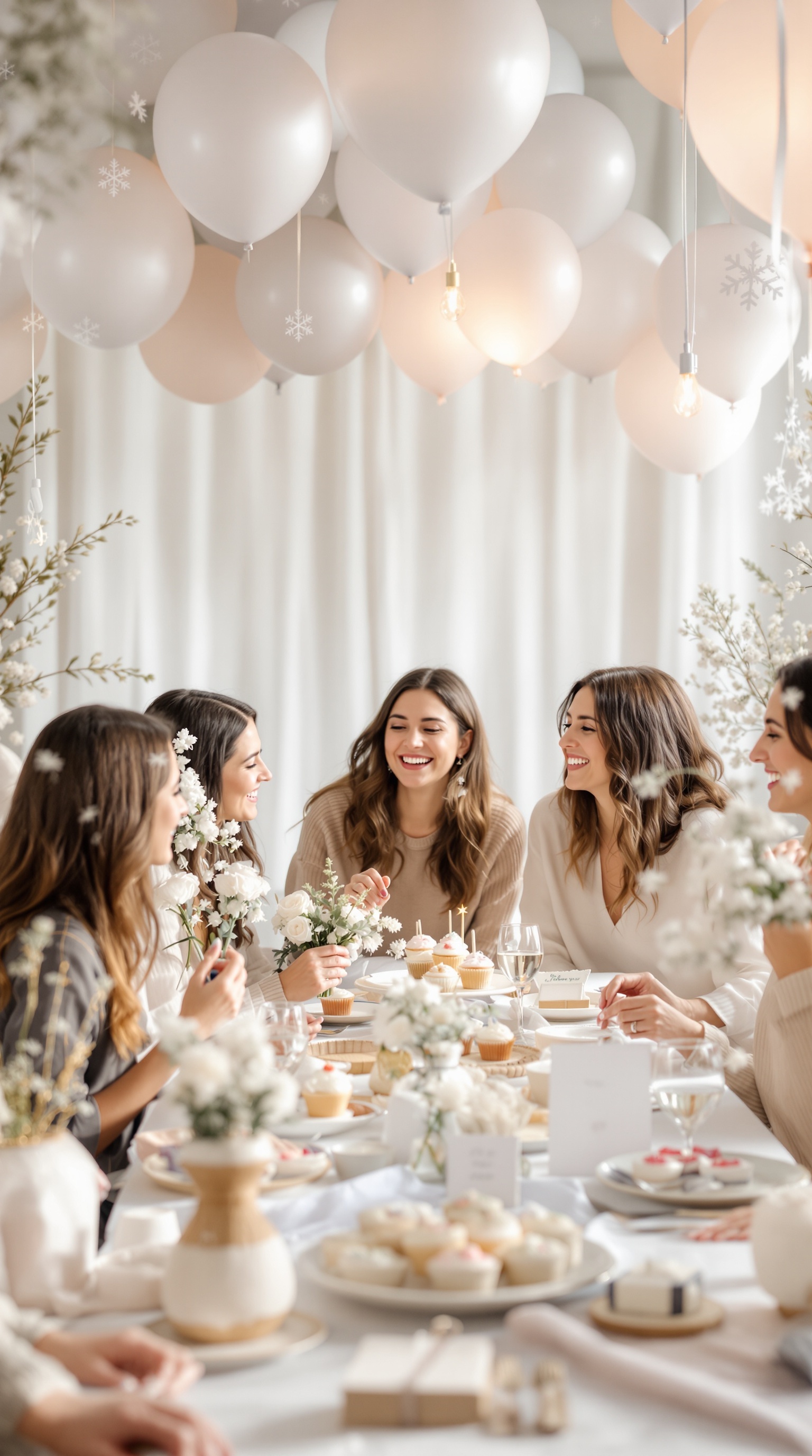 A cozy baby shower setting with guests enjoying treats and decorations in a snowy wonderland theme.