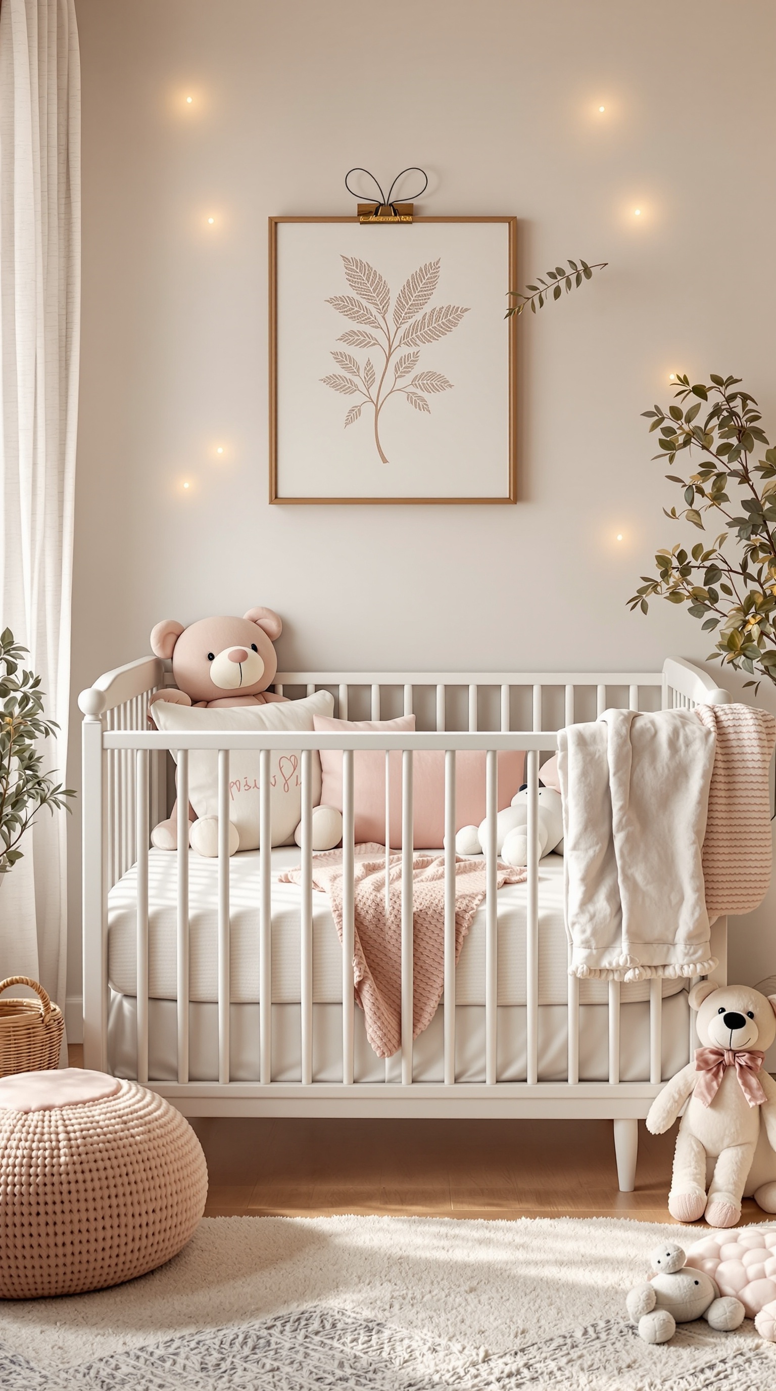 A cozy baby room featuring a snug crib with soft pillows, a blanket, and a teddy bear, surrounded by gentle decorations.