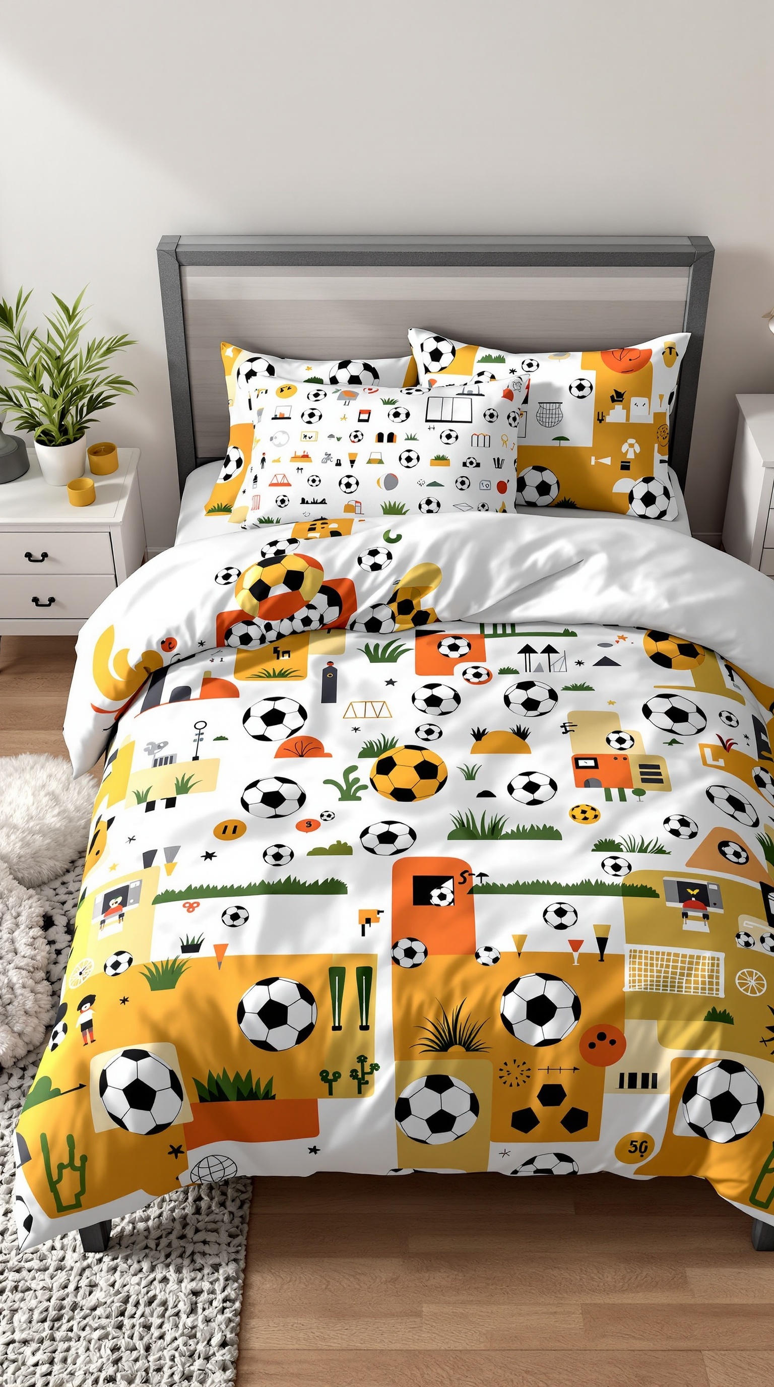 Soccer-themed bedding set featuring colorful soccer balls and playful designs.