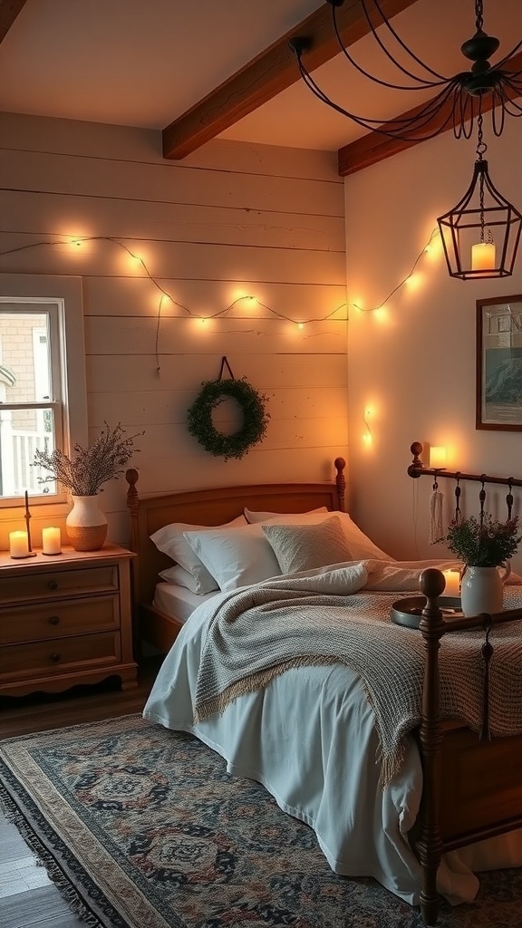 A cozy farmhouse bedroom with soft ambient lighting, featuring string lights, candles, and a stylish pendant lamp.