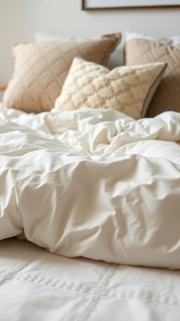 A cozy bed with white bedding and decorative pillows in neutral tones.