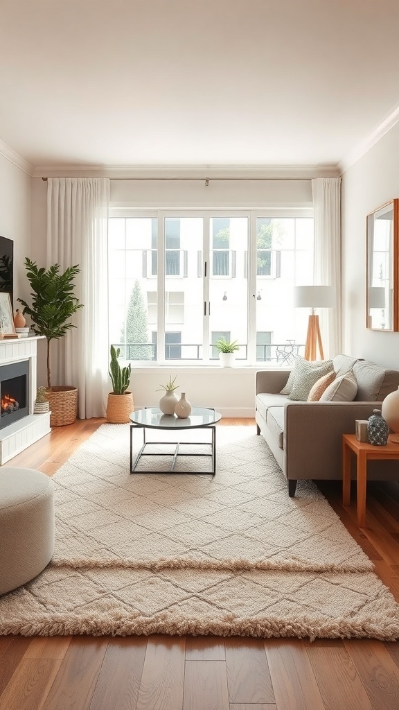 Cozy living room with a soft area rug, a sofa, and natural light from the windows.